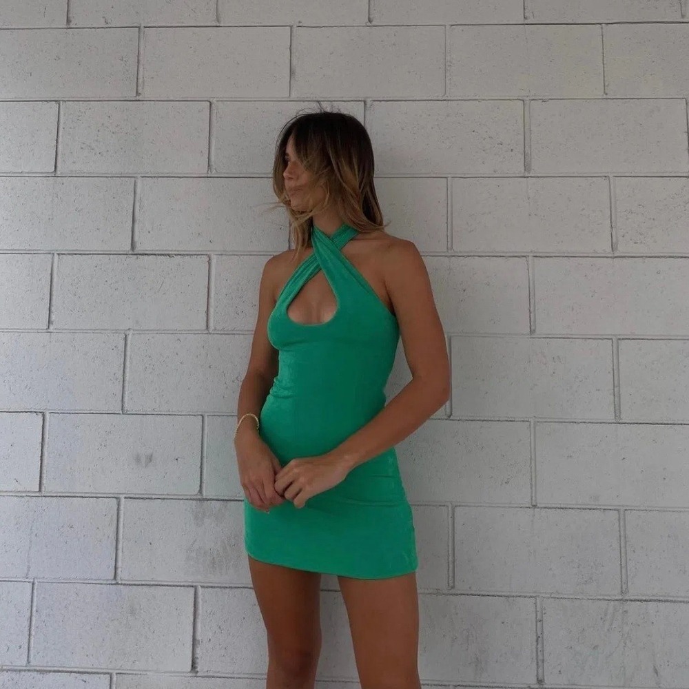 With Jéan | Lena Halter Bodycon Mini Dress in Juicy Green Size Medium